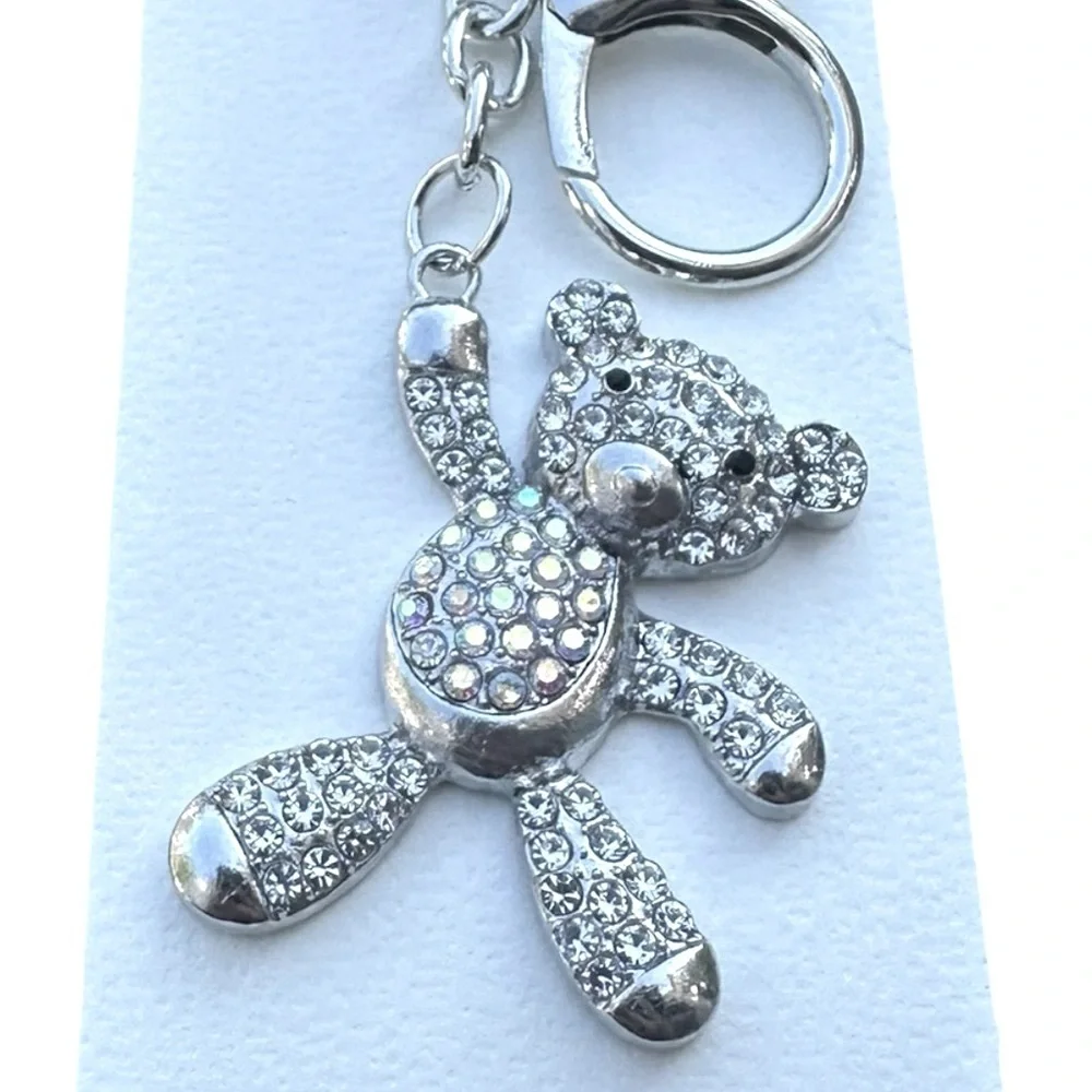 3/$25 Blossom Sparkle Rhinestone Jeweled Silver Teddy Bear Keychain Bag Charm